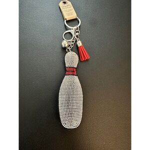 Sparkling Bowling Pin Keychain Rhinestone Tassel Charm Red Accents